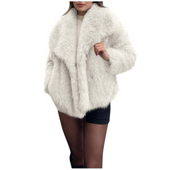 Women's Faux-Fur Coat Fluffy Faux-Fur Jacket Long Sleeve Lapel Furry Winter Jackets Shaggy Short Coat with Pockets
