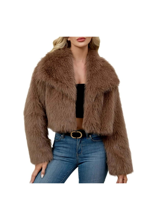 Women's Faux-Fur Coat Fluffy Faux-Fur Jacket Long Sleeve Lapel Furry Winter Warm Crop Jackets Shaggy Short Coat