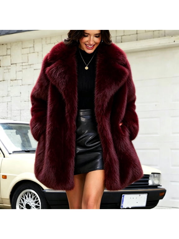 Women's Faux Fur Coat Lapel Jacket Open Front Cardigan Fuzzy Warm Winter Overcoat Outerwear Wine M