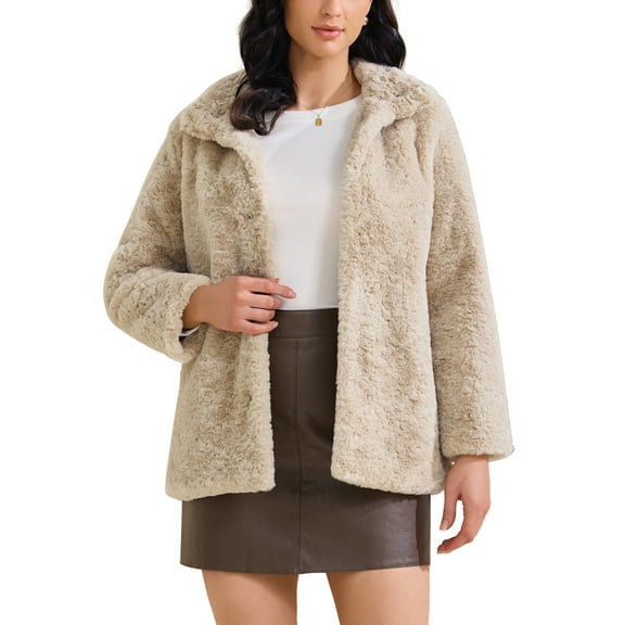 Women's Faux Fur Coat Lapel Warm Overcoat with Pockets Winter Fluffy Jackets S Khaki