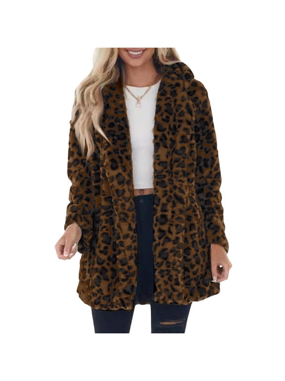 Women's Faux Fur Coat Leopard Print Mid-Length Jacket Loose Fit Warm Fall Winter Coat with Pockets