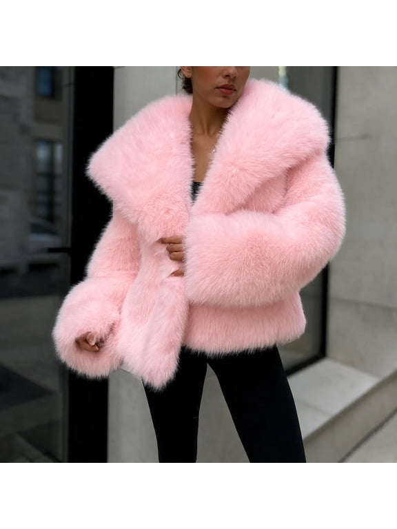 Women's Faux Fur Coat Long Sleeve Fluffy Jacket Open Front Furry Winter Warm Shaggy Short Coat Outwear Coats Pink XXL