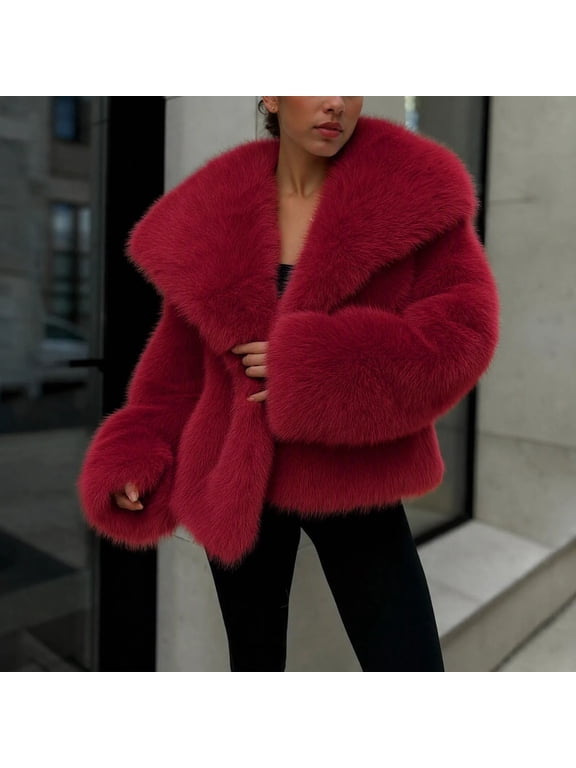 Women's Faux Fur Coat Long Sleeve Fluffy Jacket Open Front Furry Winter Warm Shaggy Short Coat Outwear Coats Red XXL