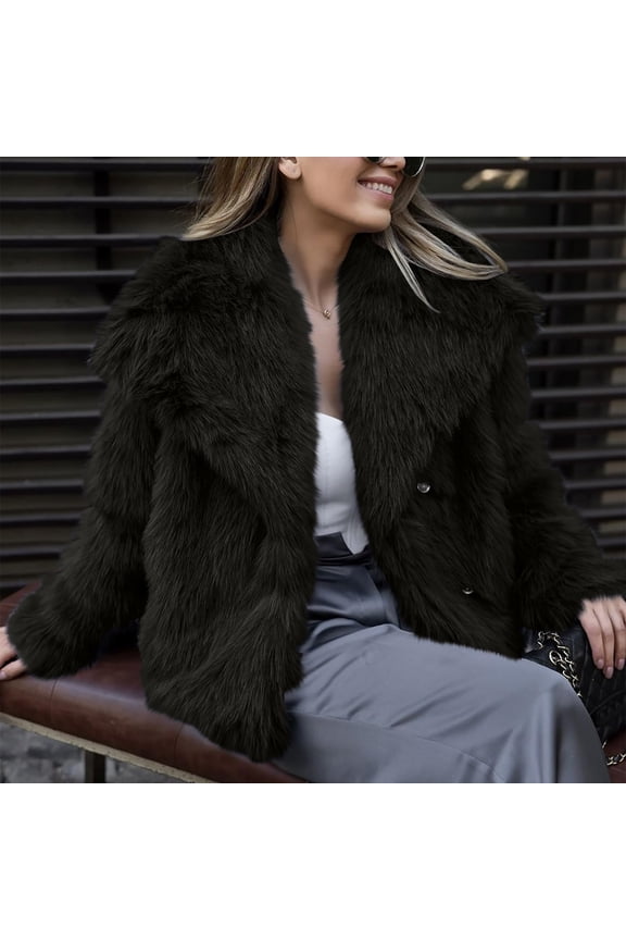 Women's Faux Fur Coat, Plush Textured Short Jacket, Lapel Collar Cropped Length, Thickened Warm Overcoat, Luxurious Winter Outerwear, Open Front Style Black XS