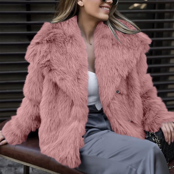 Women's Faux Fur Coat, Plush Textured Short Jacket, Lapel Collar Cropped Length, Thickened Warm Overcoat, Luxurious Winter Outerwear, Open Front Style Pink XXL