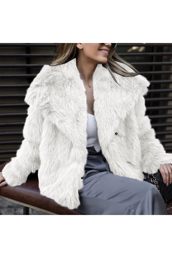 Women's Faux Fur Coat, Plush Textured Short Jacket, Lapel Collar Cropped Length, Thickened Warm Overcoat, Luxurious Winter Outerwear, Open Front Style White L