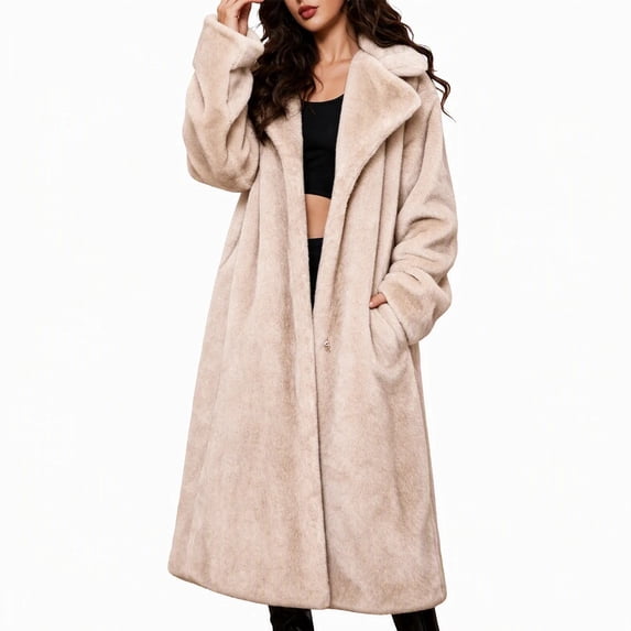 Women's Faux Fur Coat Shawl Collar Long Sleeve Maxi Length Single Button Warm Winter Jacket with Pockets Elegant Casual Fluffy Outerwear Beige
