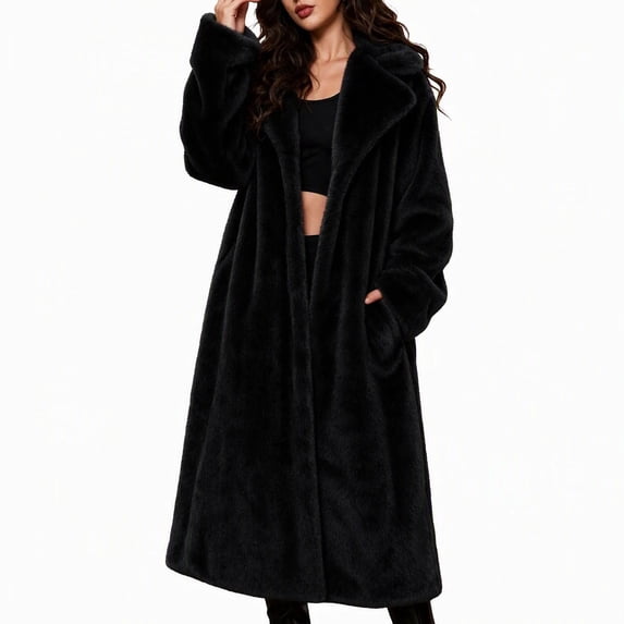 Women's Faux Fur Coat Shawl Collar Long Sleeve Maxi Length Single Button Warm Winter Jacket with Pockets Elegant Casual Fluffy Outerwear Black