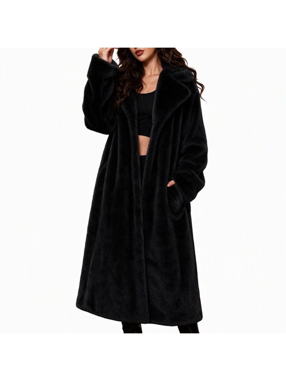 Women's Faux Fur Coat Shawl Collar Long Sleeve Maxi Length Single Button Warm Winter Jacket with Pockets Elegant Casual Fluffy Outerwear Black