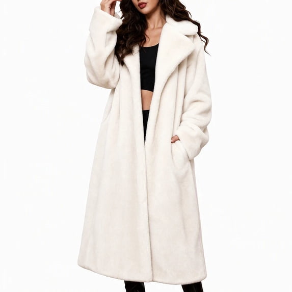 Women's Faux Fur Coat Shawl Collar Long Sleeve Maxi Length Single Button Warm Winter Jacket with Pockets Elegant Casual Fluffy Outerwear White