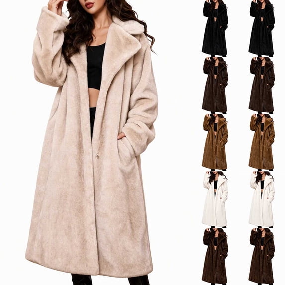Women's Faux Fur Coat Shawl Collar Long Sleeve Maxi Length Single Button Warm Winter Jacket with Pockets Elegant Casual Fluffy Outerwear Yellow