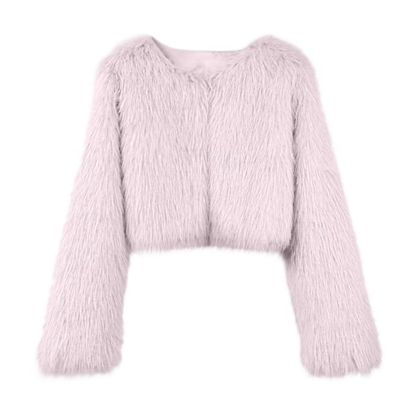 Women's Faux Fur Coat Warm Elegant Dressy Cropped Jacket Long Sleeve Fluffy Casual Warm Winter Outerwear Clothes (L, Pink)