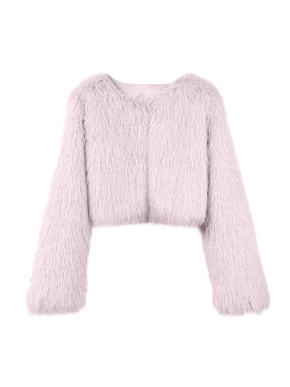 Women's Faux Fur Coat Warm Elegant Dressy Cropped Jacket Long Sleeve Fluffy Casual Warm Winter Outerwear Clothes (S, Pink)