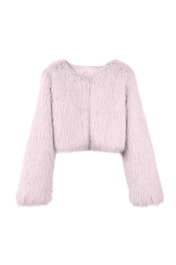 Women's Faux Fur Coat Warm Elegant Dressy Cropped Jacket Long Sleeve Fluffy Casual Warm Winter Outerwear Clothes (S, Pink)
