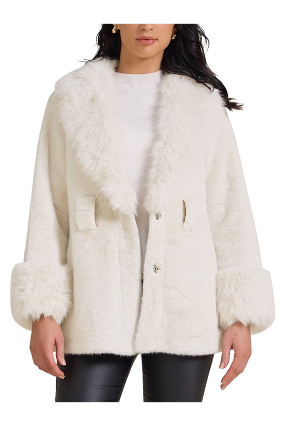 Women's Faux Fur Coat Winter Lapel Shaggy Warm Fluffy Jacket with Pockets S White