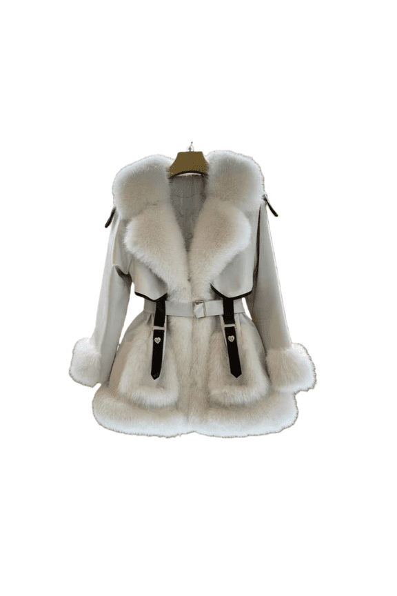 Women’s Faux Fur Coat with Oversized Collar, Tie-Waist Mid-Length Plush Jacket, Warm Soft Textured Winter Outerwear, Elegant Casual Cold-Weather Coat