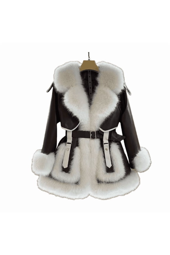 Women’s Faux Fur Coat with Oversized Collar, Tie-Waist Mid-Length Plush Jacket, Warm Soft Textured Winter Outerwear, Elegant Casual Cold-Weather Coat