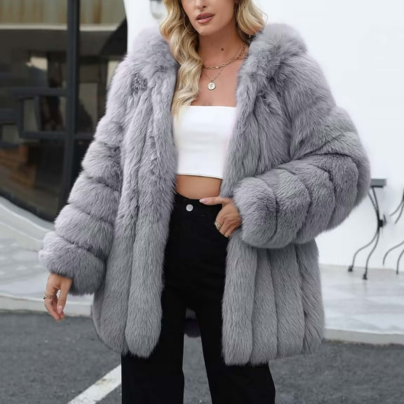 Women's Faux Fur Coats Fluffy Oversized Long Sleeve Fuzzy Jackets Winter Warm Thick Hooded Coat Thermal Open Front Shaggy Parka