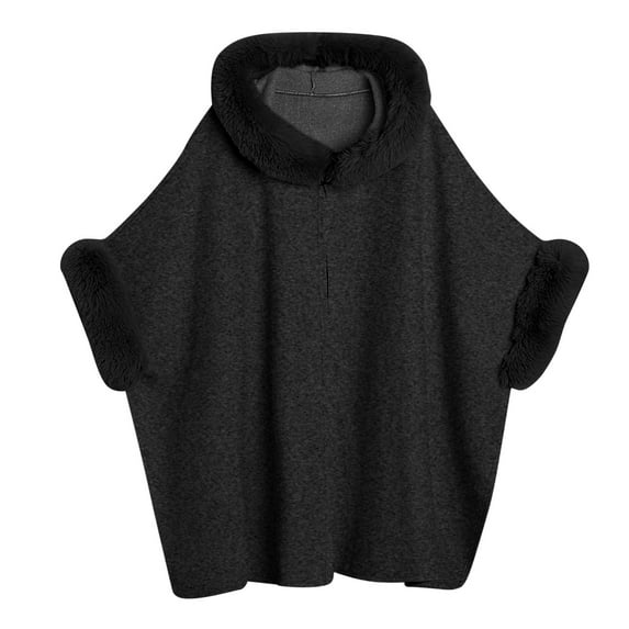 Women's Faux Fur Coats Oversized Mid-Length Fur-Trimmed Hooded Jatcket Fluffy Winter Shawl Cape Black Free Size