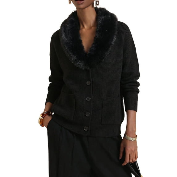 Women's Faux Fur Collar Button Front Knit Cardigan with Pockets Black S