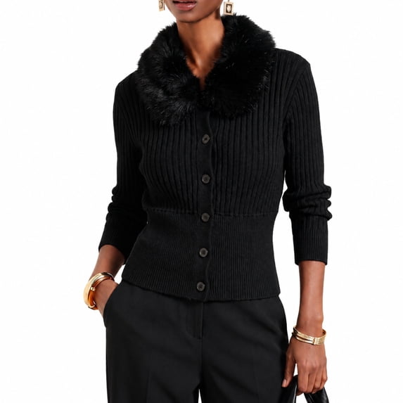 Women's Faux Fur Collar Cardigan, Ribbed Button Front Long Sleeve Knit Sweater