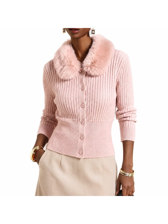 Women's Faux Fur Collar Cardigan, Ribbed Button Front Long Sleeve Knit Sweater