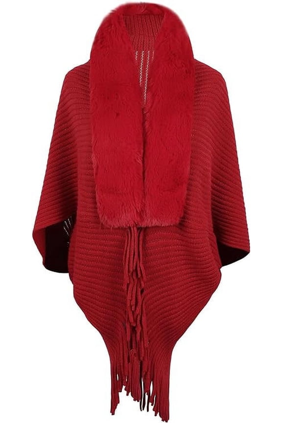 Women's Faux Fur Collar Cardigan Sweater Bat Sleeve Open Front Knit Cape Poncho Tassels Shawl Wrap Coat