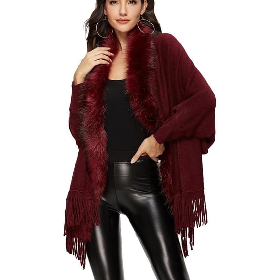 Women's Faux Fur Collar Cloak Knit Capes Shawl Tassel Batwing Sleeve Open Front Cardigans Sweater Coat