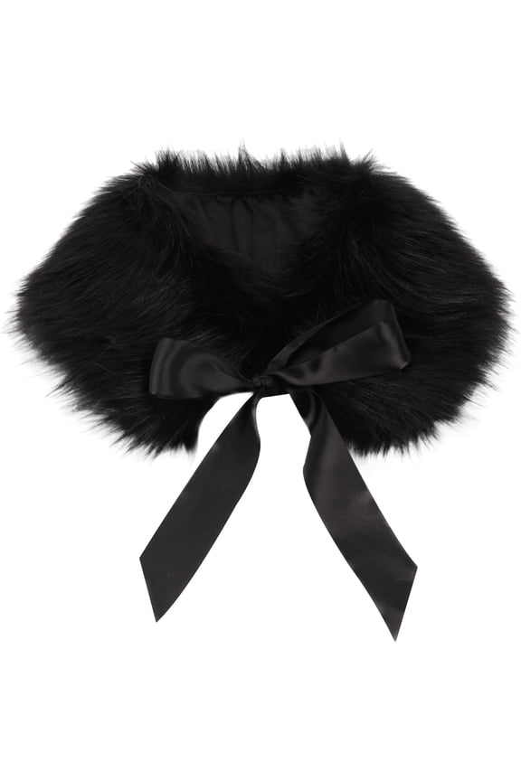 Women's Faux Fur Collar Scarf, Self-Tie Winter Neck Warmer, 62cm One Size,Ribbon Black