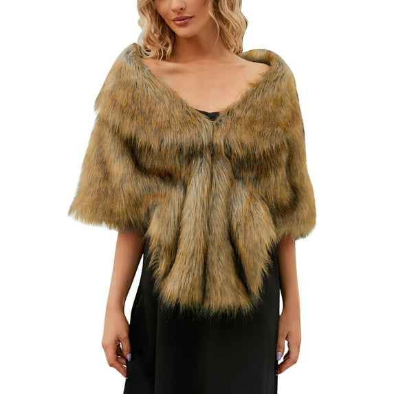 Women's Faux Fur Collar Wrap Elegant Evening Shawl Wedding Party Poncho