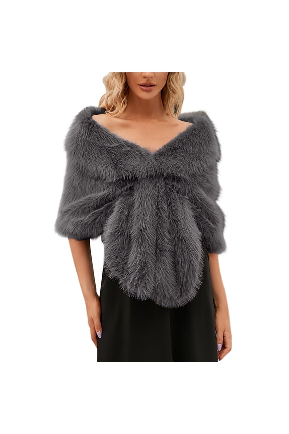 Women's Faux Fur Collar Wrap Elegant Evening Shawl Wedding Party Poncho