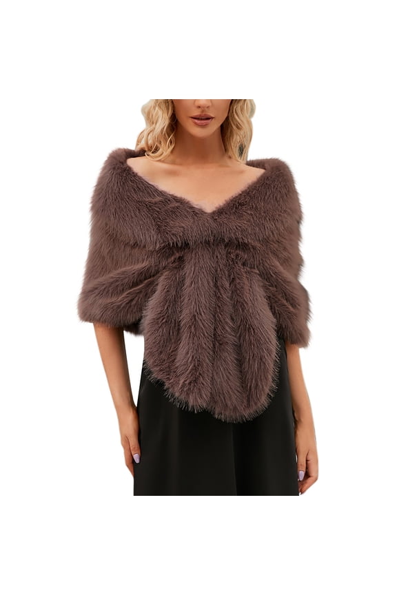 Women's Faux Fur Collar Wrap Elegant Evening Shawl Wedding Party Poncho
