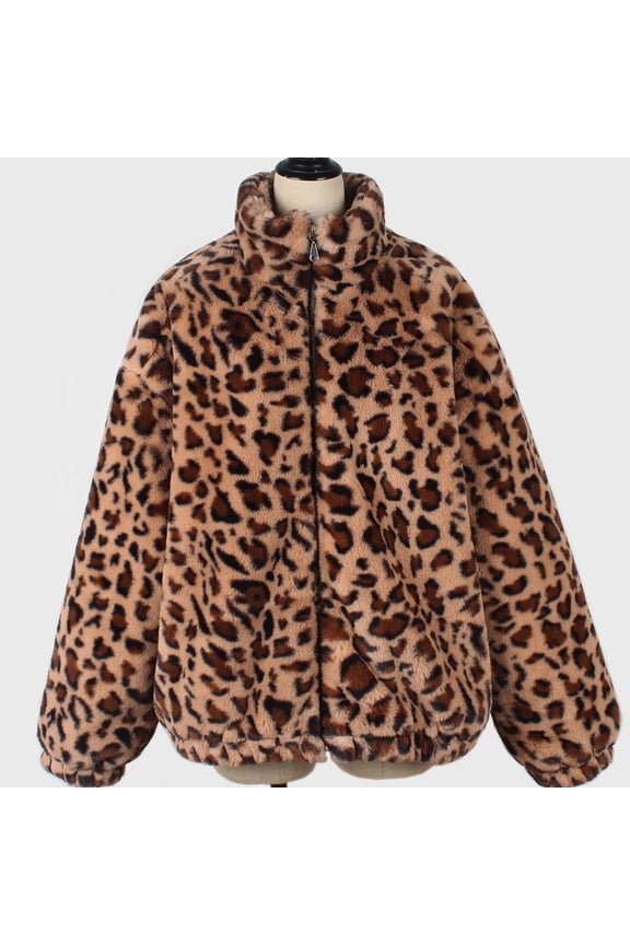 Women's Faux Fur Cropped Coat Leopard Print Retro Zip Up Fluffy Bomber Jacket Lapel Loose Warm Fuzzy Fleece Overcoat for Winter Outwear Z7-Coffee L