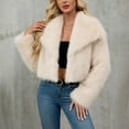 thumbnail image 1 of Women's Faux Fur Cropped Jacket, Notch Lapel Plush Short Coat, Long Sleeve Fleece Outerwear, Winter Warm Shaggy Top, Casual Fall Clothing with Pockets Beige L, 1 of 5