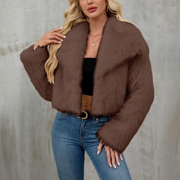 Women's Faux Fur Cropped Jacket, Notch Lapel Plush Short Coat, Long Sleeve Fleece Outerwear, Winter Warm Shaggy Top, Casual Fall Clothing with Pockets Coffee S