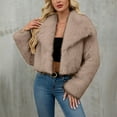 thumbnail image 1 of Women's Faux Fur Cropped Jacket, Notch Lapel Plush Short Coat, Long Sleeve Fleece Outerwear, Winter Warm Shaggy Top, Casual Fall Clothing with Pockets Khaki M, 1 of 5