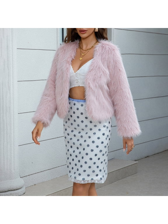 Women's Faux Fur Cropped Jacket, Short Plush Street Style Coat, Open Front Cardigan, Winter Fashion Outerwear, Textured Fleece Layer, Urban Chic Short Coat Pink M