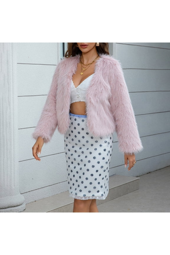 Women's Faux Fur Cropped Jacket, Short Plush Street Style Coat, Open Front Cardigan, Winter Fashion Outerwear, Textured Fleece Layer, Urban Chic Short Coat Pink S