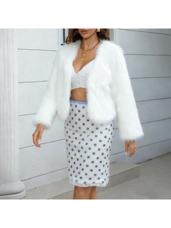 Women's Faux Fur Cropped Jacket, Short Plush Street Style Coat, Open Front Cardigan, Winter Fashion Outerwear, Textured Fleece Layer, Urban Chic Short Coat White XL