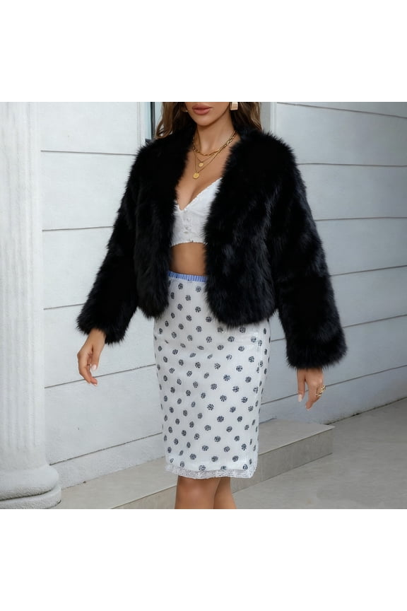 Women's Faux Fur Cropped Jacket, Short Plush Street Style Coat, Open Front Cardigan, Winter Fashion Outerwear, Textured Fleece Layer, Urban Chic Short Coat Black S