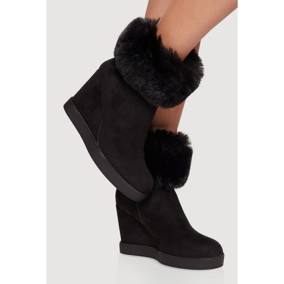 Women's Faux Fur Cuff Almond Toe Wedge Booties