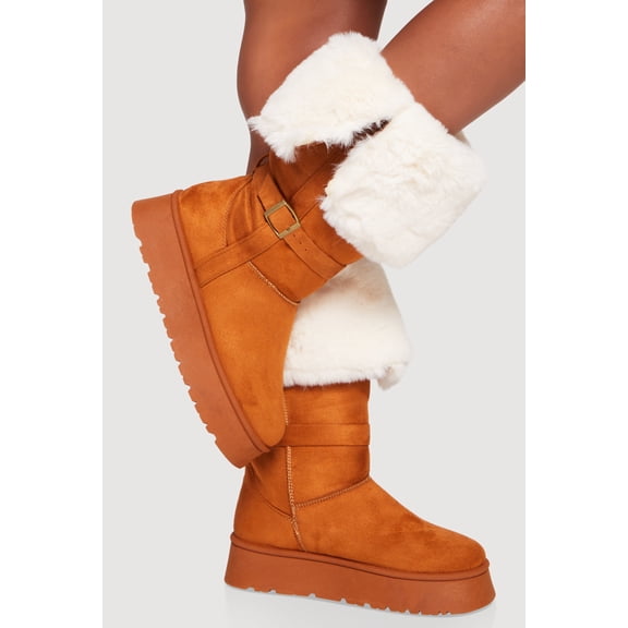 Women's Faux Fur Cuff Buckle Detail Platform Boots