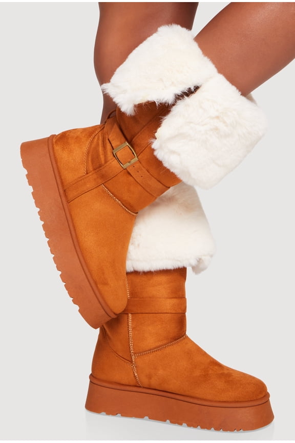 Women's Faux Fur Cuff Buckle Detail Platform Boots