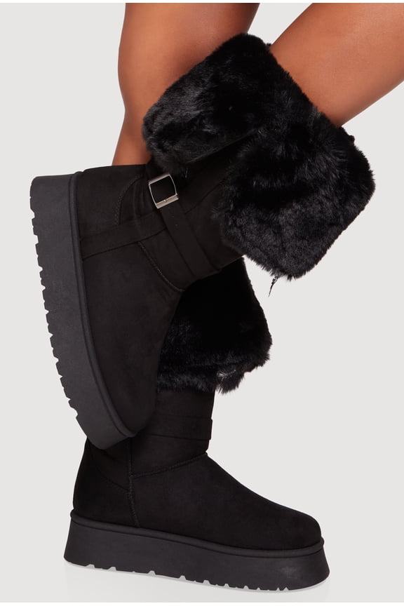 Women's Faux Fur Cuff Buckle Detail Platform Boots