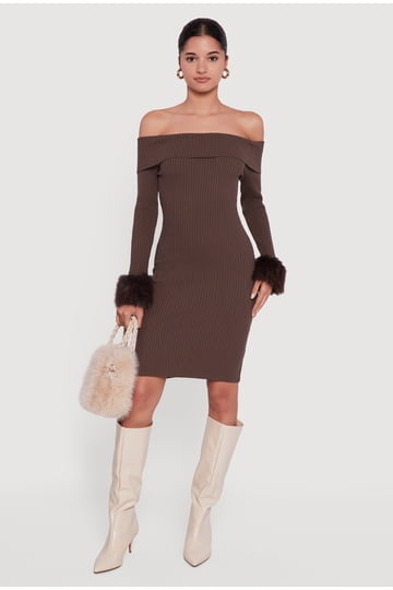 dress fur Heyays Blue Plush Knit Store your Heyays knitwears by folding them instead of hanging them. Faux Fur Trim Dresses for