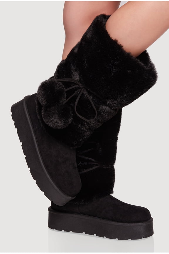 Women's Faux Fur Cuff Lace Up Platform Boots with Pom Poms