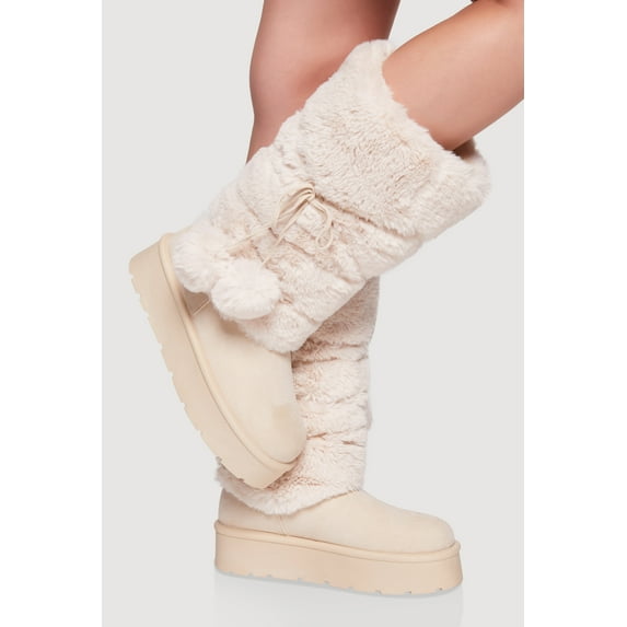 Women's Faux Fur Cuff Lace Up Platform Boots with Pom Poms