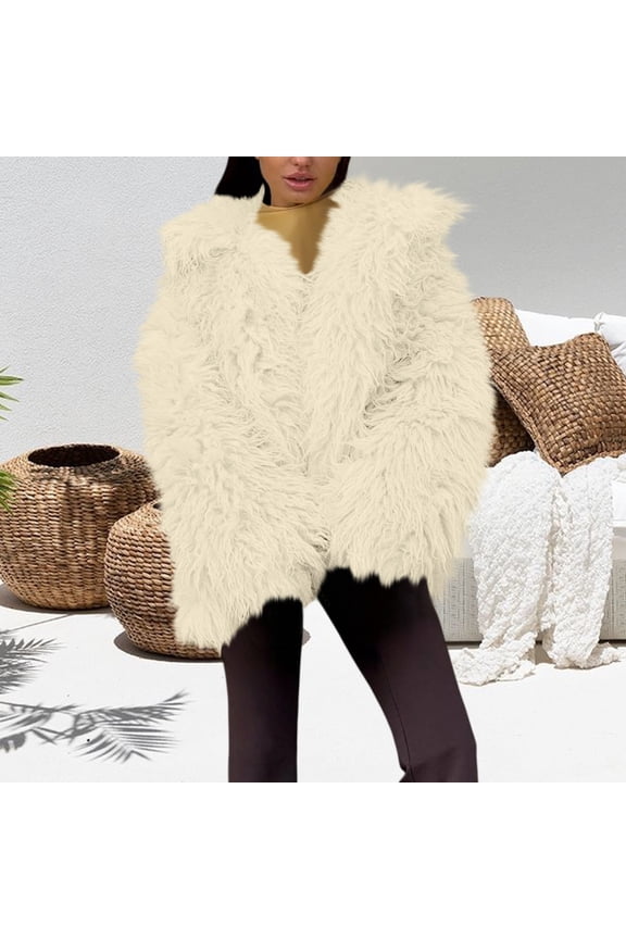 Women's Faux Fur Double Faced Plush Coat, Thickened Long Sleeve Cardigan, Warm Winter Open Front Jacket, Soft Lined Outerwear, Cozy Oversized Lapel Coat White XL