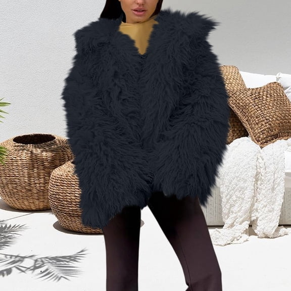 Women's Faux Fur Double Faced Plush Coat, Thickened Long Sleeve Cardigan, Warm Winter Open Front Jacket, Soft Lined Outerwear, Cozy Oversized Lapel Coat Navy S