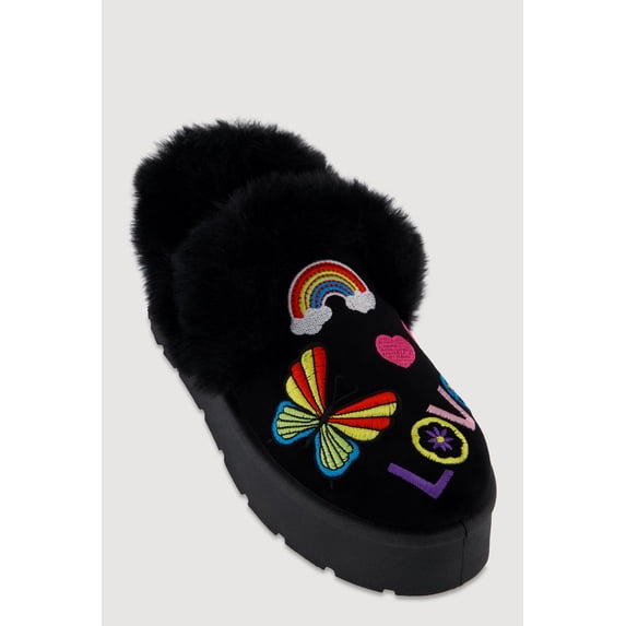 Women's Faux Fur Embroidered Graphic Slip On Platform Booties